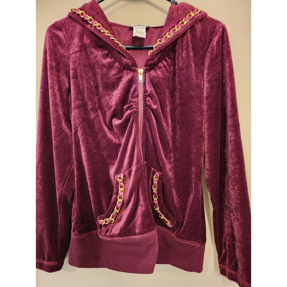 Y2k Monroe & Main Velour Velvet Hooded Sweatshirt Med Burgundy Full Zip Hoodie